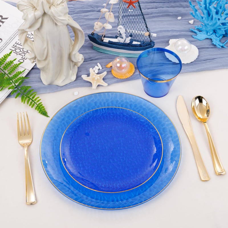 Hioasis 175pcs Clear Blue Gold Plastic Plates - Fancy Disposable Plates Set Blue Disposable Plates Include25 Dinner Plates  25 Dessert Plates 25 Cups 25 Rolled Napkin Cutlery Perfect for Party - Image 3