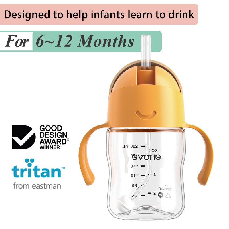 Evorie Tritan Weighted Straw Sippy Cup with Handles for Baby and Toddlers 6 months up, 7 Oz Soft Silicone Straw Infant First Training Water Bottle (Apricot) - Image 2