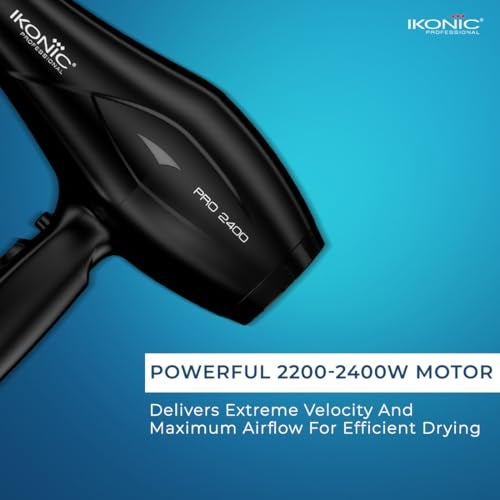 Ikonic 2400 Professional Hair Dryer, Black, 2200W with Powerful AC motor, 2 speed and 3 heat settings with Cool shot, 2 Interchangeable Nozzles, Hang up loop, Control Frizz, All Hair Type - Image 3