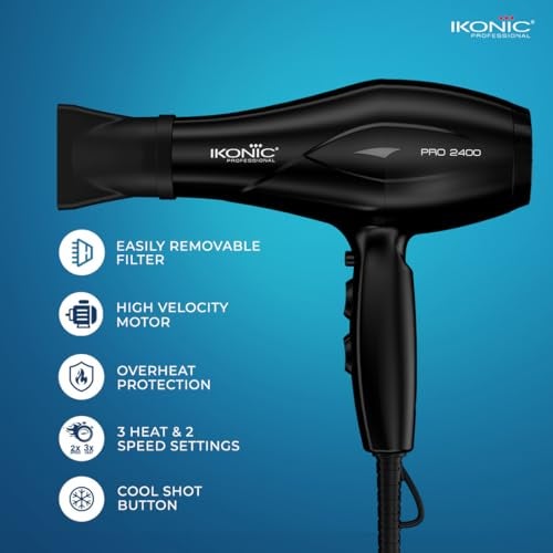 Ikonic 2400 Professional Hair Dryer, Black, 2200W with Powerful AC motor, 2 speed and 3 heat settings with Cool shot, 2 Interchangeable Nozzles, Hang up loop, Control Frizz, All Hair Type - Image 2