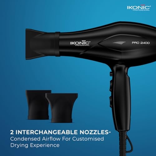 Ikonic 2400 Professional Hair Dryer, Black, 2200W with Powerful AC motor, 2 speed and 3 heat settings with Cool shot, 2 Interchangeable Nozzles, Hang up loop, Control Frizz, All Hair Type - Image 4