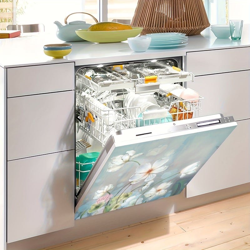 Magnetic Dishwasher Cover With Blooming White Flower Pattern Front Decorative Sticker For Home Cabinet Refrigerator And Washing Machine - Image 5