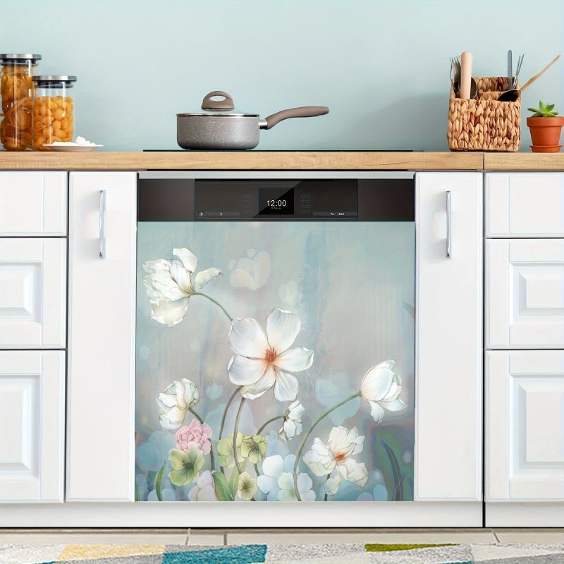 Magnetic Dishwasher Cover With Blooming White Flower Pattern Front Decorative Sticker For Home Cabinet Refrigerator And Washing Machine - Image 1