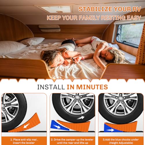 WELLUCK Camper Leveler, RV Leveling Blocks Camper Wheel Chocks Up to 35,000 lbs, 2 Packs Heavy Duty Curved RV Camper Leveler Kit with Anti-Slip Mats for Travel Trailer Easier & Faster Leveling - Image 5