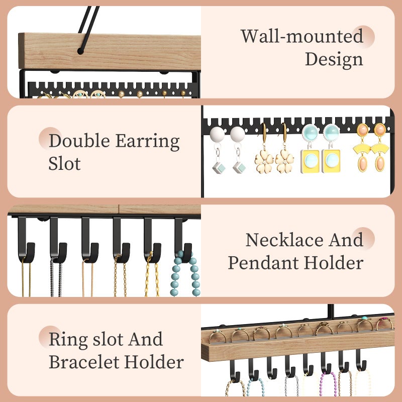 Feyejade Large Rotating Hanging Jewelry Organizer, 5-Tier Earring Holder Storage Holds up to 180 Pairs, Wall Mounted Jewelry Rack for Earrings, Necklaces, Bracelets and Rings, for Girls, Black - Image 5