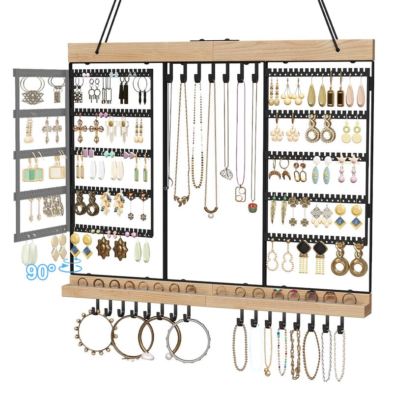 Feyejade Large Rotating Hanging Jewelry Organizer, 5-Tier Earring Holder Storage Holds up to 180 Pairs, Wall Mounted Jewelry Rack for Earrings, Necklaces, Bracelets and Rings, for Girls, Black - Image 1