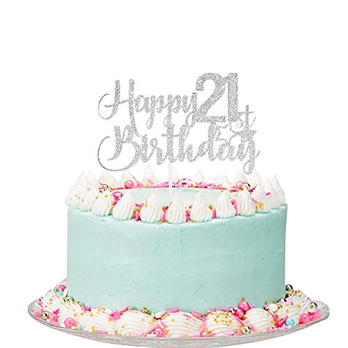 Festiko®Silver Glitter Happy 21st Birthday Cake Topper - 21st Birthday Cake Topper, 21st Birthday Party Decoration - Image 1
