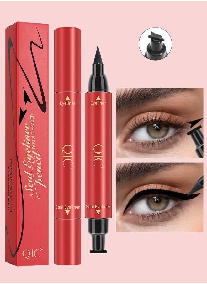 QIC - 2 In 1 Double Headed Seal Black Eyeliner Triangle Stamp Eyeliner Pen Long lasting Waterproof Eyes Make with Eyeliner Pencil Makeup Eye Liner Liquid Tool 01 - Image 1