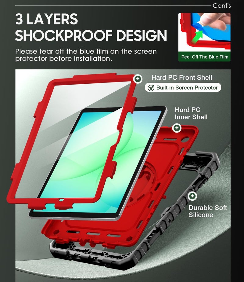 Cantis Case for Samsung Galaxy Tab A11 Plus 11 Inch 2026 (SM-X230/X236/X238), Shockproof Case for Tab A11+ with Screen Protector/Rotating Stand/Pen Holder/Shoulder Strap, Black+Red - Image 3