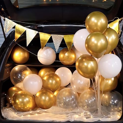 SpecialYou.in Special You Car Boot Birthday decoration items for Couple with Metallic White, Gold Chrome & White Balloons for decoration, birthday decoration items for girl, car birthday decoration items- 34 Pcs - Image 1