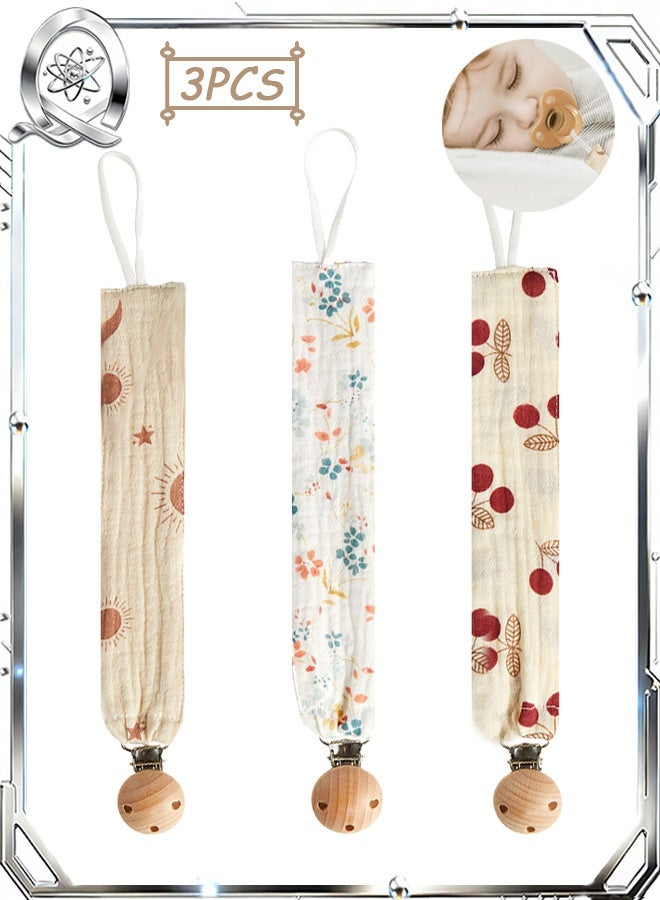 Quantum 3 PCS Baby Pacifier Clip, Super Soft Fabric Strap with Wooden Clip, Soft Pacifier Clips for Baby Girl and Boy - Image 1