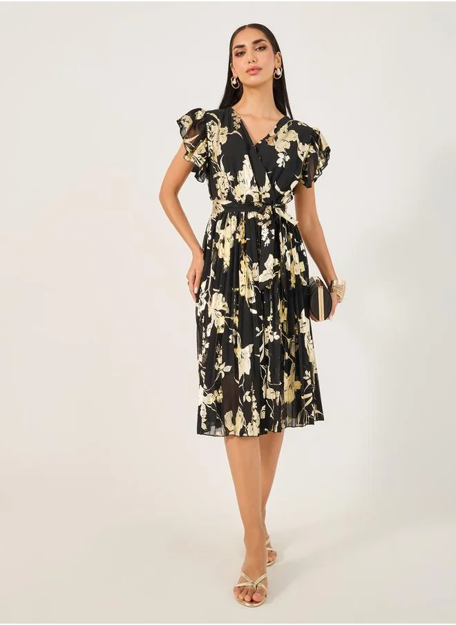 ستايلي Printed Frill Sleeves Pleated Wrap Midi Dress