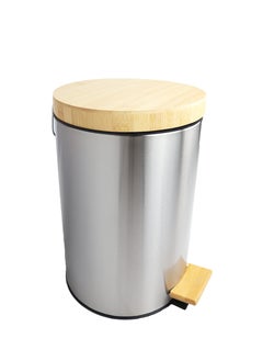 Generic Premium Step Trash Bin | Matte Stainless-Steel Finish & Bamboo-Lid | Soft-Closing | Fingerprint-Resistant | Suitable For Homes & Communal Spaces | 12 Liters | Silver  - Image 1