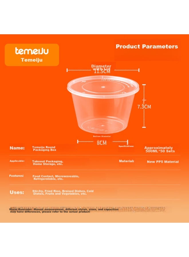 Temeiju Disposable Round Transparent Plastic Lunch Boxes, Thickened With Lids, Takeout Containers, Soup Bowls, 50 Sets, 500 Model - Image 2