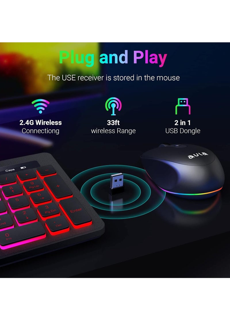 AULA - AC208 Silent RGB Rechargeable Wireless Combo Keyboard Mouse Plus Mousepad , 2.4GHz Wireless RGB rainbow Backlit Full-Size Ergonomic Keyboard Mouse – (Arabic / English ) Layout – USB Receiver for Gaming office ,PC, Windows | Purple - Image 1