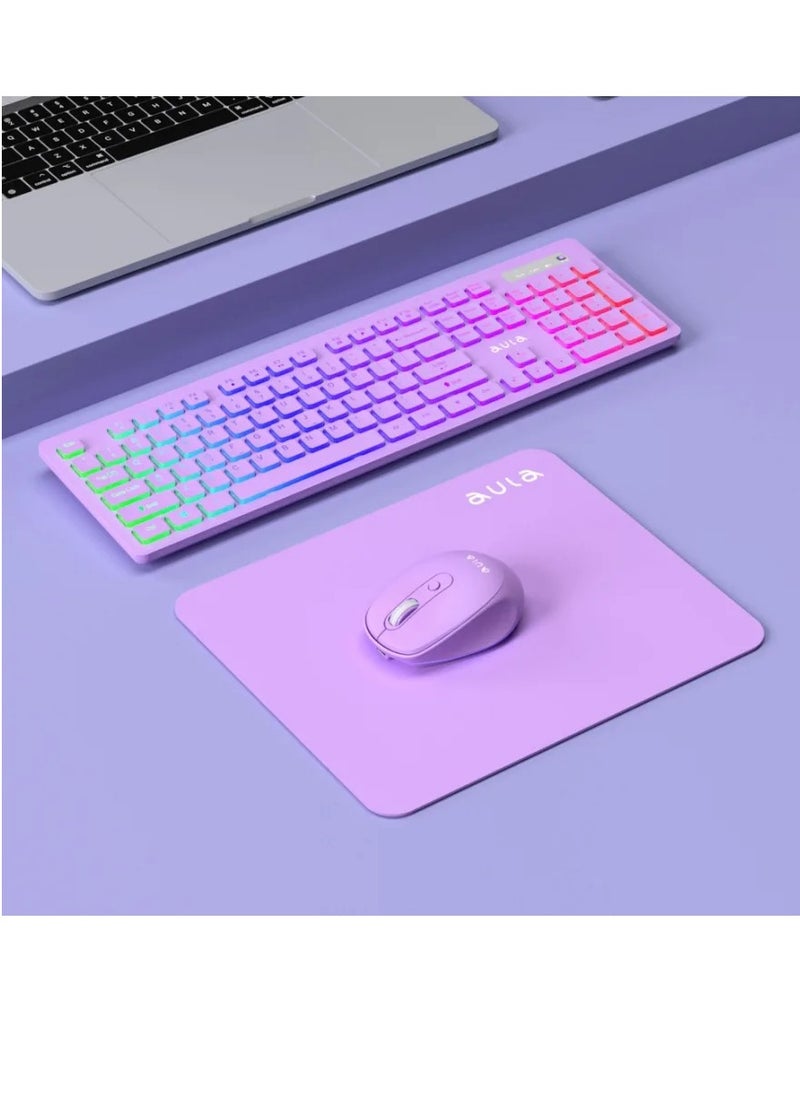 AULA - AC208 Silent RGB Rechargeable Wireless Combo Keyboard Mouse Plus Mousepad , 2.4GHz Wireless RGB rainbow Backlit Full-Size Ergonomic Keyboard Mouse – (Arabic / English ) Layout – USB Receiver for Gaming office ,PC, Windows | Purple - Image 1