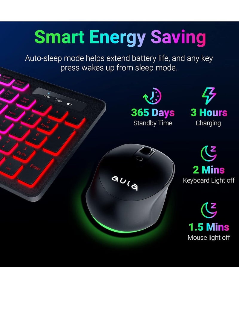 AULA - AC208 Silent RGB Rechargeable Wireless Combo Keyboard Mouse Plus Mousepad , 2.4GHz Wireless RGB rainbow Backlit Full-Size Ergonomic Keyboard Mouse – (Arabic / English ) Layout – USB Receiver for Gaming office ,PC, Windows | Purple - Image 1