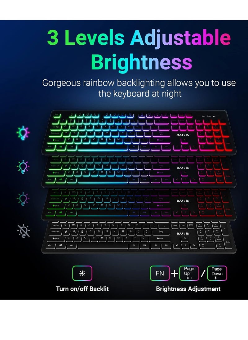 AULA - AC208 Silent RGB Rechargeable Wireless Combo Keyboard Mouse Plus Mousepad , 2.4GHz Wireless RGB rainbow Backlit Full-Size Ergonomic Keyboard Mouse – (Arabic / English ) Layout – USB Receiver for Gaming office ,PC, Windows | Purple - Image 1