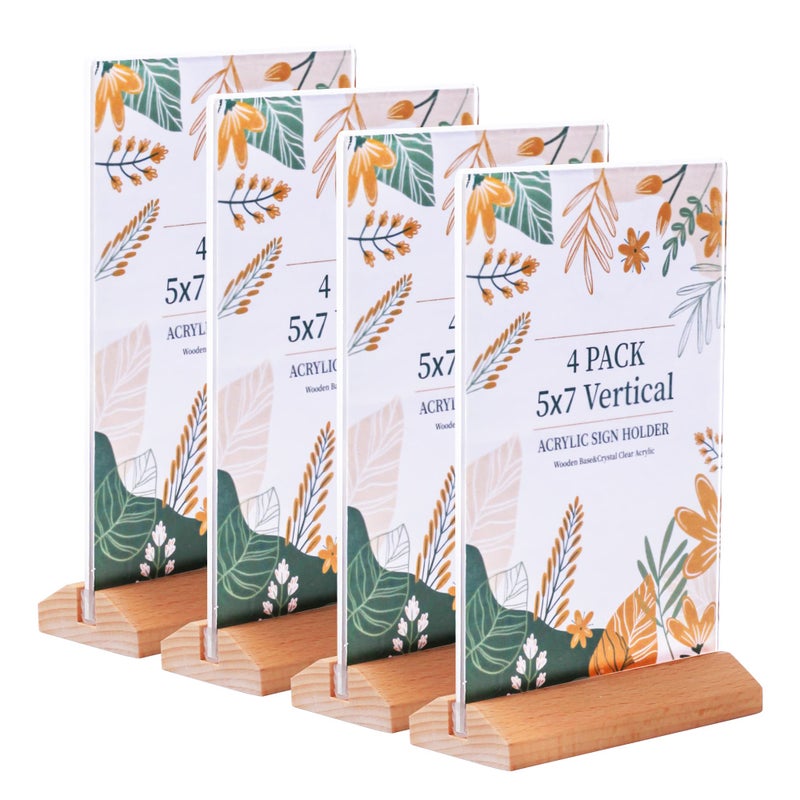 ihomecooker 4Pack Acrylic Sign Holder 5*7 inches Slanted Back ,T Shape Clear Acrylic Frame Wood Base,Clear Plastic Sign Holder Paper Display Table Stand for Office, Party,Store, Restaurant,Reception - Image 1