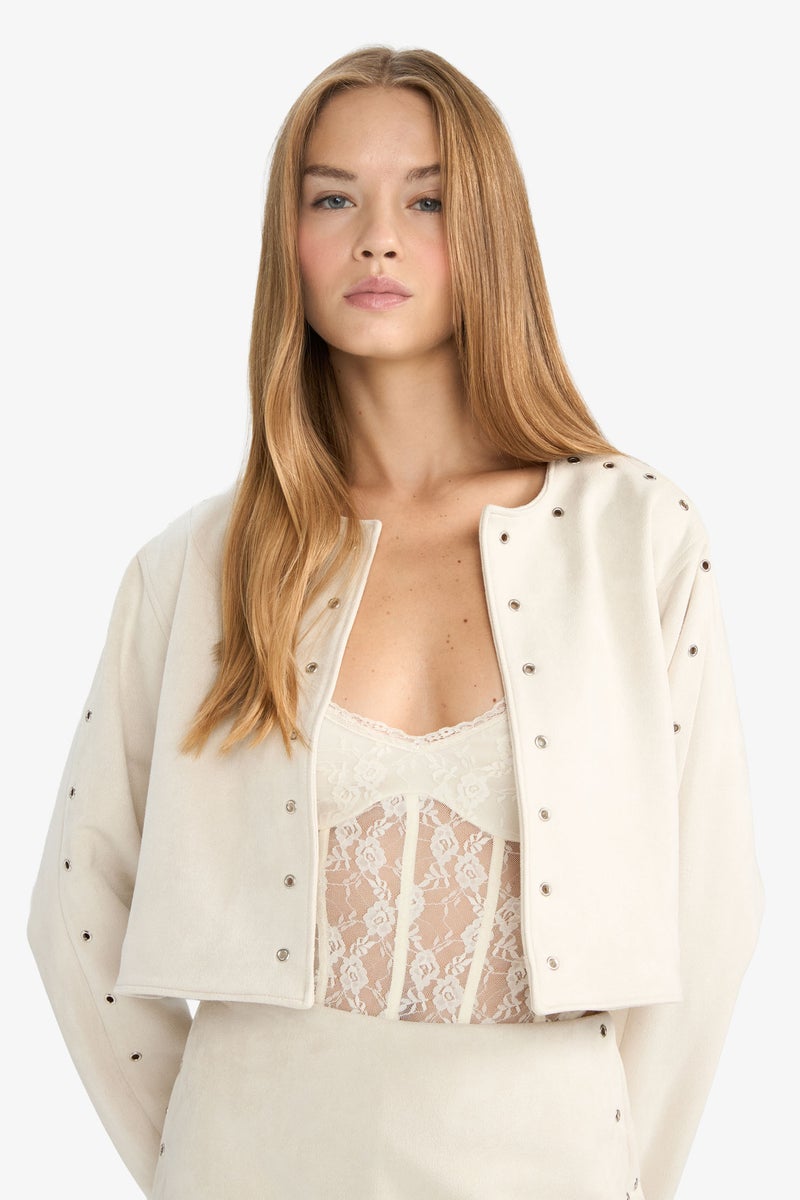 DeFacto Beige Woman Crop Suede Jacket Casual - Image 4
