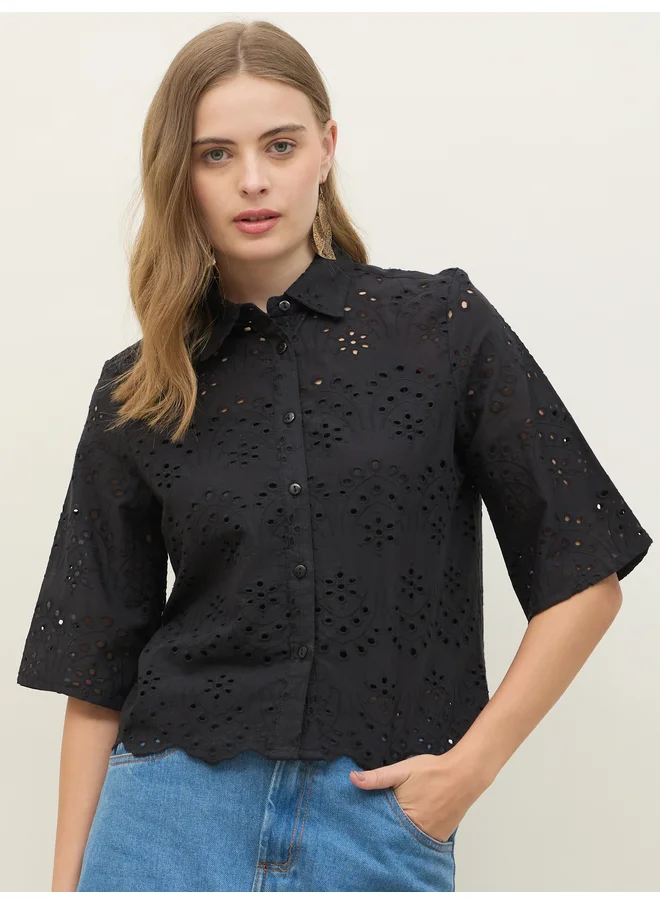 ستايلي Styli Schiffli Short Sleeve Shirt with Scallop Hem
