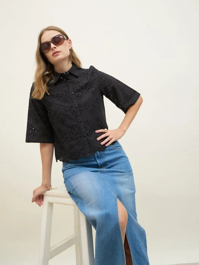Styli Styli Schiffli Short Sleeve Shirt with Scallop Hem
