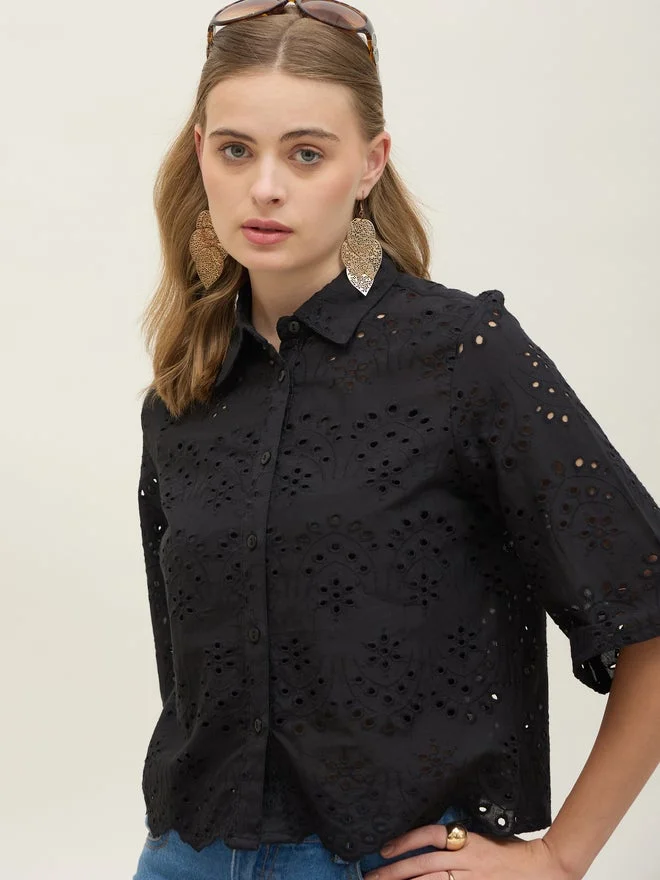 Styli Styli Schiffli Short Sleeve Shirt with Scallop Hem
