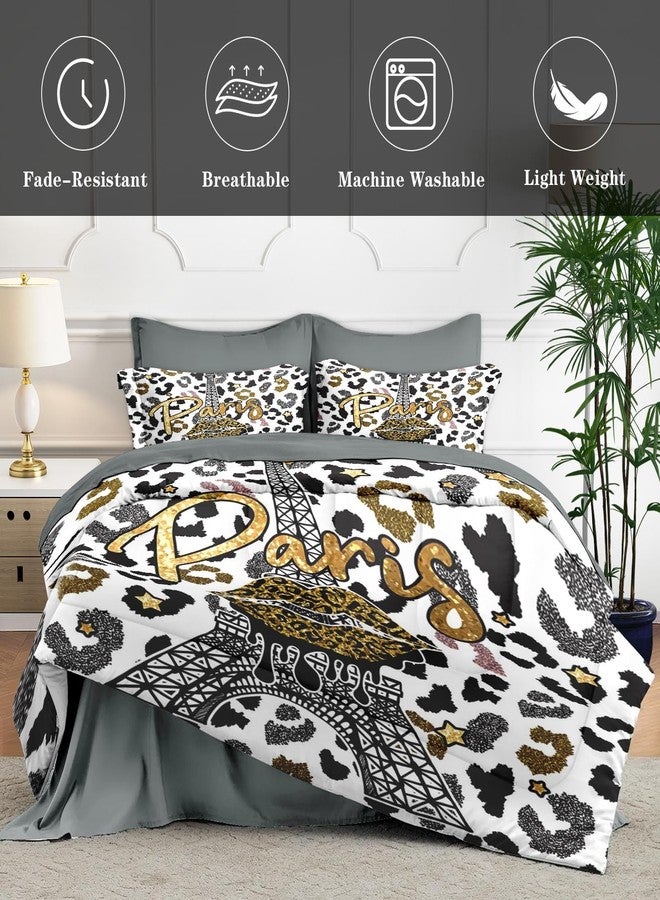 WeCozy King Size Comforter Set with 2 Pillowcase & 2 Shams, Paris Black Gold Tower 7 Pcs Bedding for Kids and Adults, French Golden Leopard Bed in a Bag with Flat Fitted Sheet - Image 5