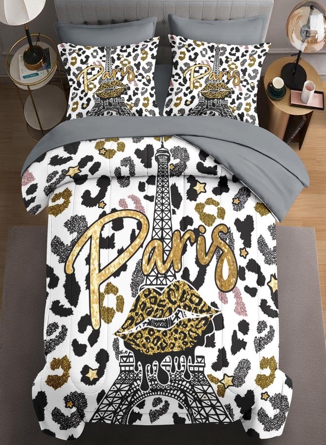 WeCozy King Size Comforter Set with 2 Pillowcase & 2 Shams, Paris Black Gold Tower 7 Pcs Bedding for Kids and Adults, French Golden Leopard Bed in a Bag with Flat Fitted Sheet - Image 1