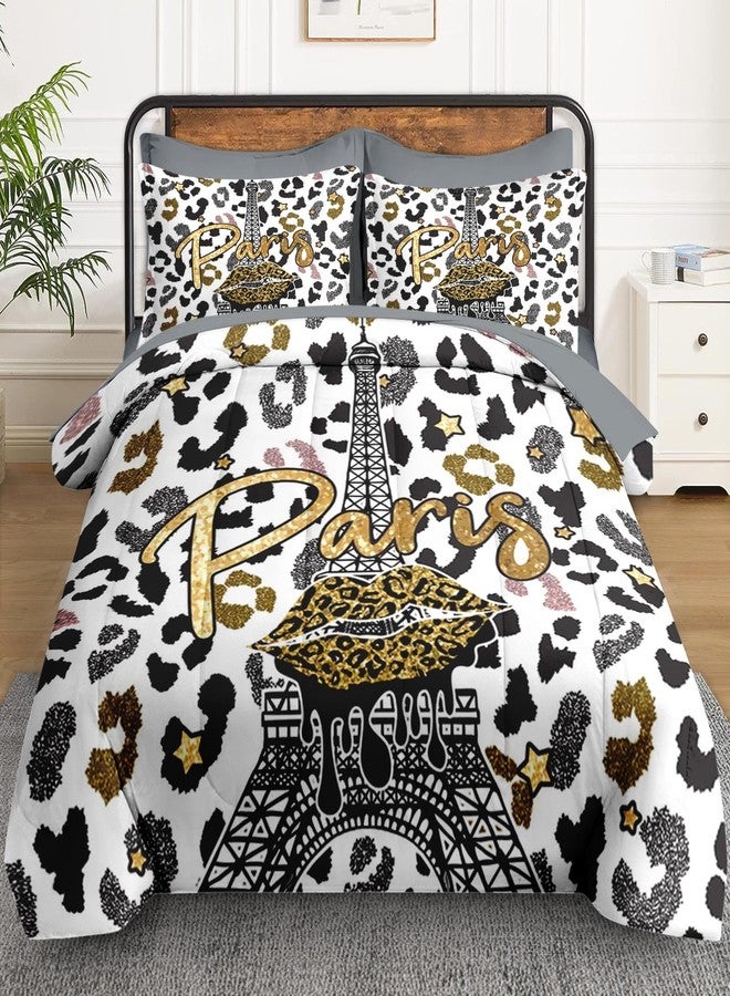 WeCozy King Size Comforter Set with 2 Pillowcase & 2 Shams, Paris Black Gold Tower 7 Pcs Bedding for Kids and Adults, French Golden Leopard Bed in a Bag with Flat Fitted Sheet - Image 2