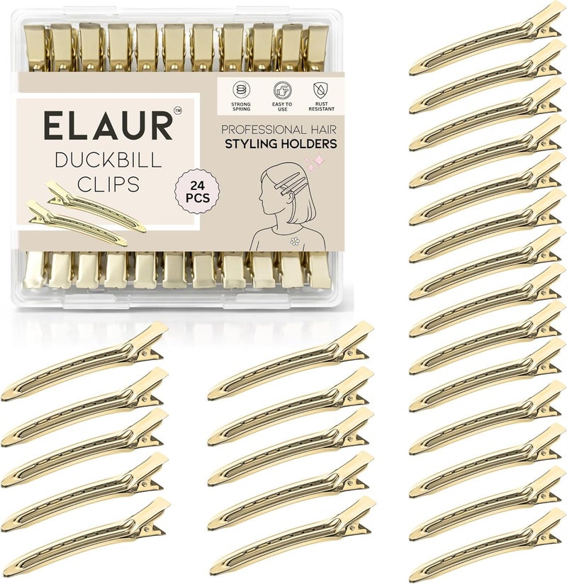 ELAUR 24-Pack Duck Bill Hair Clips – 3.5" Rustproof Metal Alligator Clips with Holes for Hair Styling & Sectioning – Salon & Home Use (Gold) - Image 1