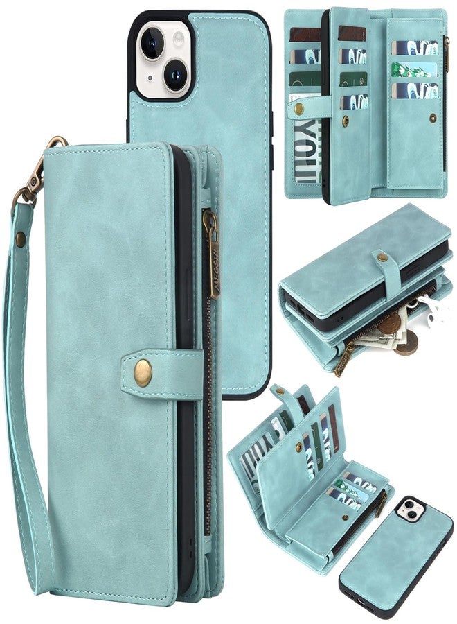 TwoHead iPhone 15 Wallet Case, Detachable Magnetic Shockproof Protective Leather Case with Card Holder and Change Pocket, 6.1 Inch, Blue - Image 1