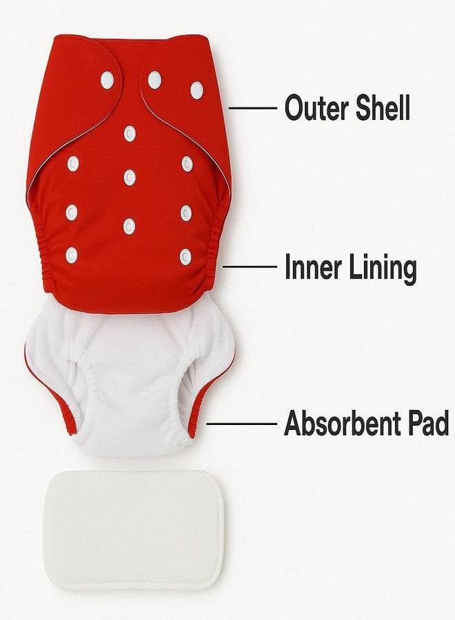 Kritiu Reusable Baby Cloth Diapers (0-3 Years) Pack of 3 with 2 Inserts & Bib | Leak-Proof & Adjustable | Washable Up to 300 Times | Waterproof, BPA-Free, Eco-Friendly, Anti Bacterial, Rashes Free Diapers for Babies & Toddlers (3-17 kg) (RED) - Image 3