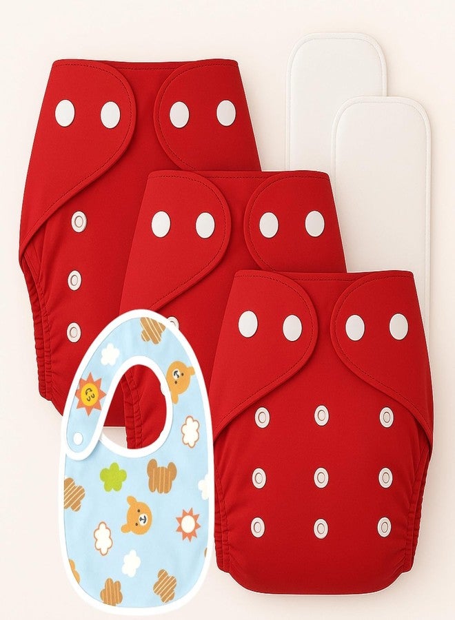Kritiu Reusable Baby Cloth Diapers (0-3 Years) Pack of 3 with 2 Inserts & Bib | Leak-Proof & Adjustable | Washable Up to 300 Times | Waterproof, BPA-Free, Eco-Friendly, Anti Bacterial, Rashes Free Diapers for Babies & Toddlers (3-17 kg) (RED) - Image 1