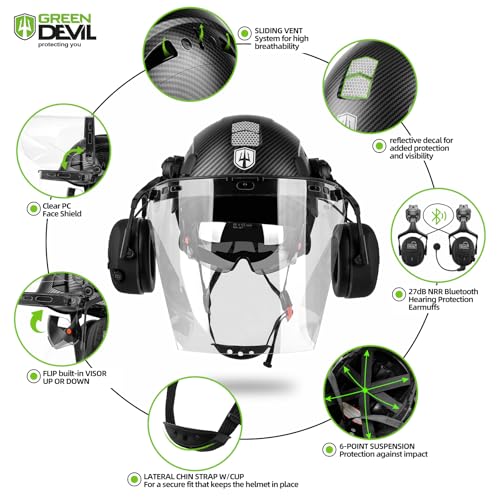 GREEN DEVIL Forestry Chainsaw Safety Helmet with Bluetooth Ear Muffs Arborist Helmet Hard Hat with Builtin Visor Face Shield 5 in 1 System Logging Garden Work Hardhats for Men Women - Image 3