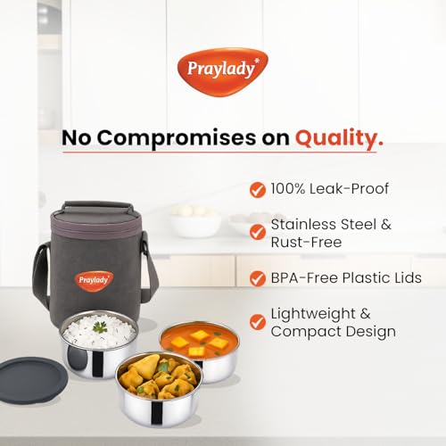 Praylady Lunchmate 300x3 | Stainless Steel 3-Container Insulated Tiffin with Leak-Proof Silicone Lids & Heat-Retaining Bag | Hot & Cold Lunch Box for Office, School & Travel (300ML) - Image 5
