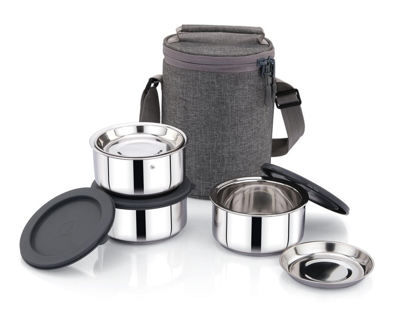 Praylady Lunchmate 300x3 | Stainless Steel 3-Container Insulated Tiffin with Leak-Proof Silicone Lids & Heat-Retaining Bag | Hot & Cold Lunch Box for Office, School & Travel (300ML) - Image 1