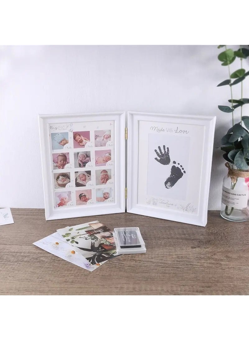 Baby Picture Frame First Year, Baby Handprint and Footprint Kit with Ink Pad, 12 Month Milestones Baby Gift, Anniversary Growth Record Keepsake for Mom/Newborn (White Foldable) - Image 1