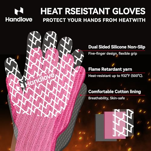 HandLove BBQ Gloves Oven Gloves with Fingers Heat Resistant Gloves for Grilling Silicone Grip Long Cuff Mitts Kitchen Outdoor Barbecue Cooking Baking Pink S - Image 3