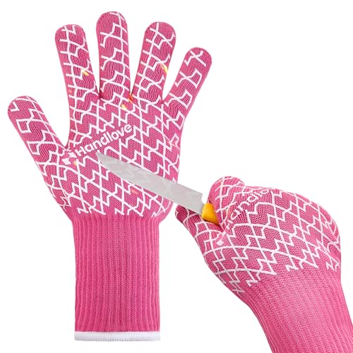 HandLove BBQ Gloves Oven Gloves with Fingers Heat Resistant Gloves for Grilling Silicone Grip Long Cuff Mitts Kitchen Outdoor Barbecue Cooking Baking Pink S - Image 1