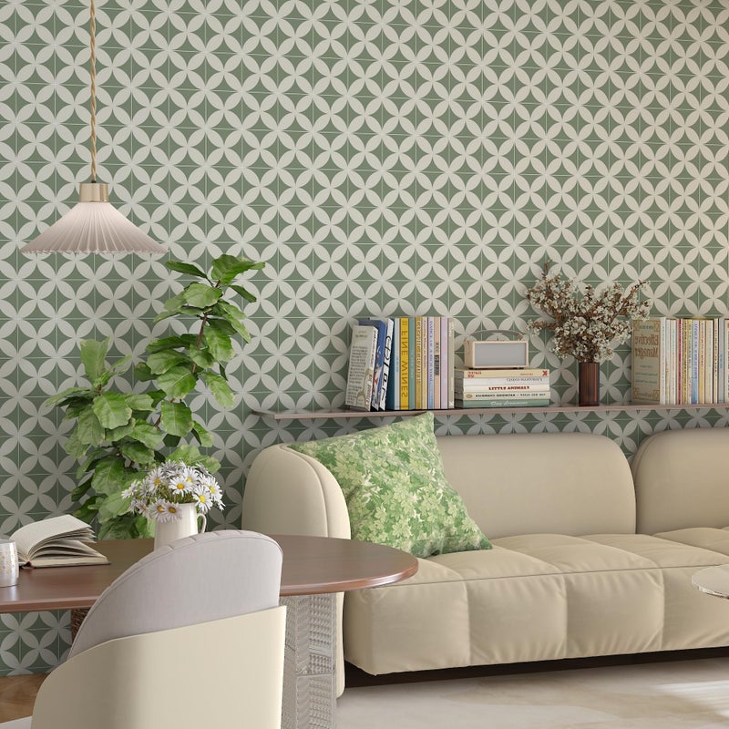 Theper Green Beige Geometric Wall paper Peel and Stick Wallpaper Boho 17.3"Ã—78.8" Green Removable Self Adhesive Wallpaper for Bathroom Kitchen Backsplash Contact Paper for Cabinets and Drawers Vinyl Roll - Image 4