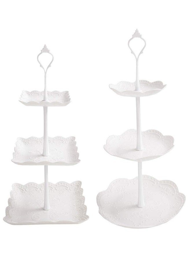 Chneeu 2 Set 3-Tier White Dessert Cake Stand, Plastic Pastry Stand Small Cupcake Stand Cookie Tray Rack Candy Buffet Set Up Fruit Plate and Trays for Wedding Home Birthday Party Decor Serving Platter - Image 1