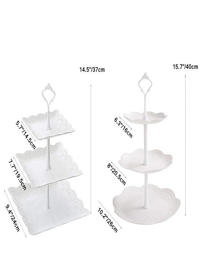 Chneeu 2 Set 3-Tier White Dessert Cake Stand, Plastic Pastry Stand Small Cupcake Stand Cookie Tray Rack Candy Buffet Set Up Fruit Plate and Trays for Wedding Home Birthday Party Decor Serving Platter - Image 2