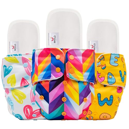 Mylo Leak-Proof Baby Cloth Diaper Combo (3 Diapers + 3 Inserts) | Free Size (3M-3Y) | High Absorption | Quick Dry | Oeko-Tex Certified | Washable - Rainbow, ABC & Heart Doodles - Image 1