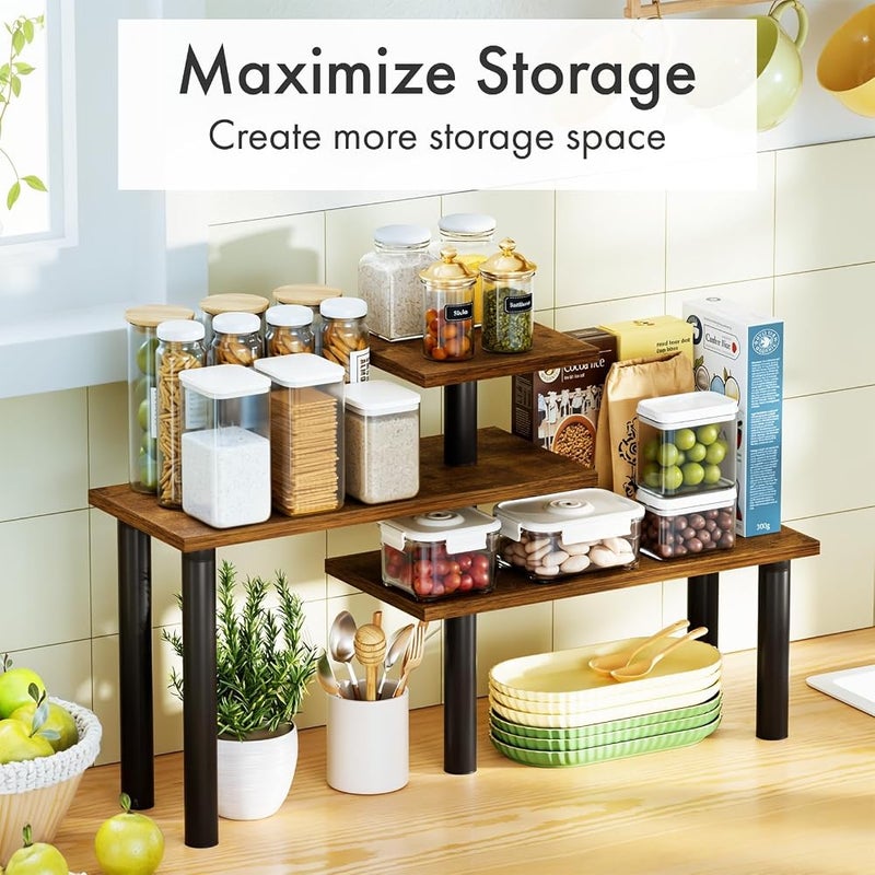 Bentifar 3 Tier Countertop Organizer Shelf, Wood-Grain Corner Spice Rack With Black Frame, Space-Saving Kitchen Counter Shelf For Coffee Bar, Bathroom Vanity, Office Pantry And Small Countertops - Image 3