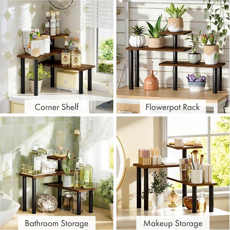 Bentifar 3 Tier Countertop Organizer Shelf, Wood-Grain Corner Spice Rack With Black Frame, Space-Saving Kitchen Counter Shelf For Coffee Bar, Bathroom Vanity, Office Pantry And Small Countertops - Image 4