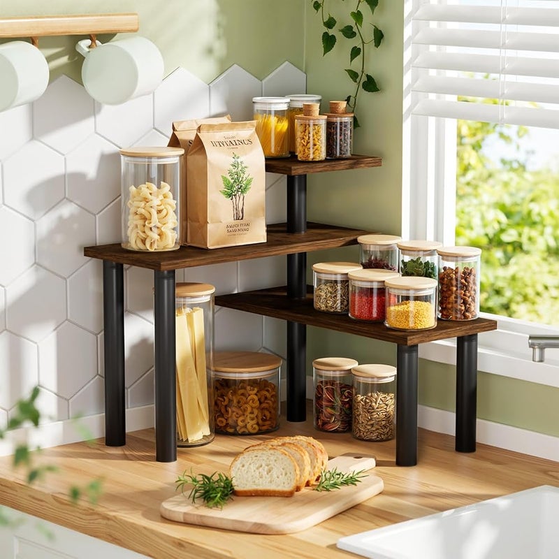 Bentifar 3 Tier Countertop Organizer Shelf, Wood-Grain Corner Spice Rack With Black Frame, Space-Saving Kitchen Counter Shelf For Coffee Bar, Bathroom Vanity, Office Pantry And Small Countertops - Image 1