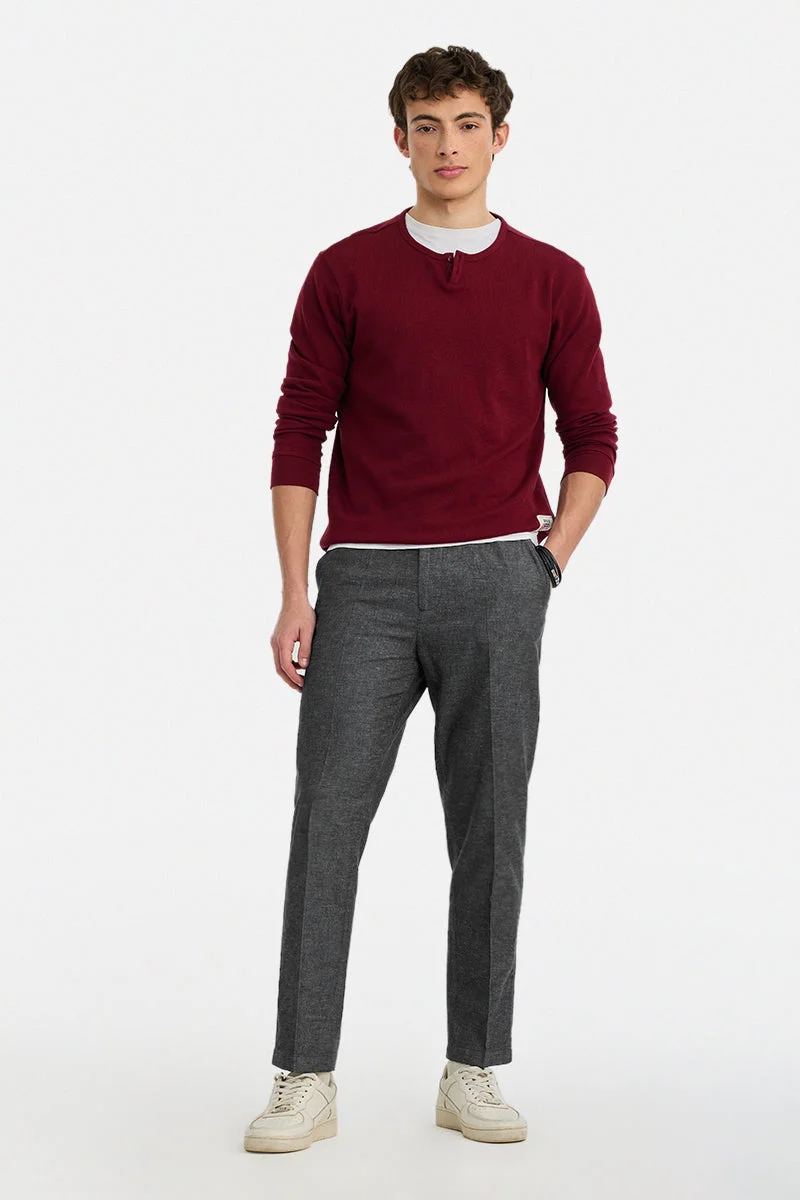 سنيتش Dark Grey Textured Regular Fit Casual Trousers
