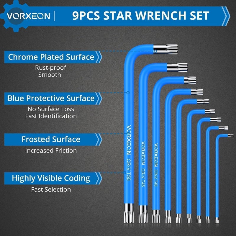 9PCS Star Wrench Key Set T10 to T50 Torx Wrenches Hex Keys With Visible Coding And Non-slip Coating, Long Arm Star Key With Hole for Auto Repair, Furniture Assembly, Household DIY - Image 4