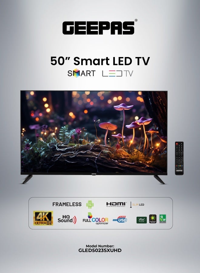 GEEPAS 50-Inch Ultra 4K HD Smart Slim LED TV With Remote Control,HDMI and USB Ports, Android 11.0,WI-FI and Eco-Efficiency,GLED5023SXUHD Black - Image 1